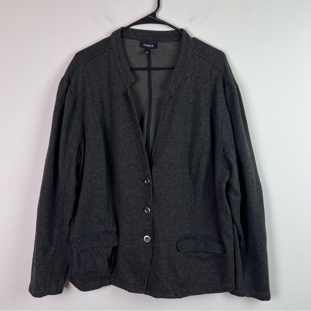 Torrid Blazer Size 4 Green‎ Knit 3 Button Up Jacket Plus Size Pockets